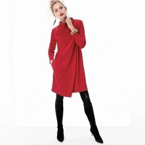 JOAN VASS Holiday Winter Red Cowl Asymmetric Midi Shift Sheath Draped Knit Dress